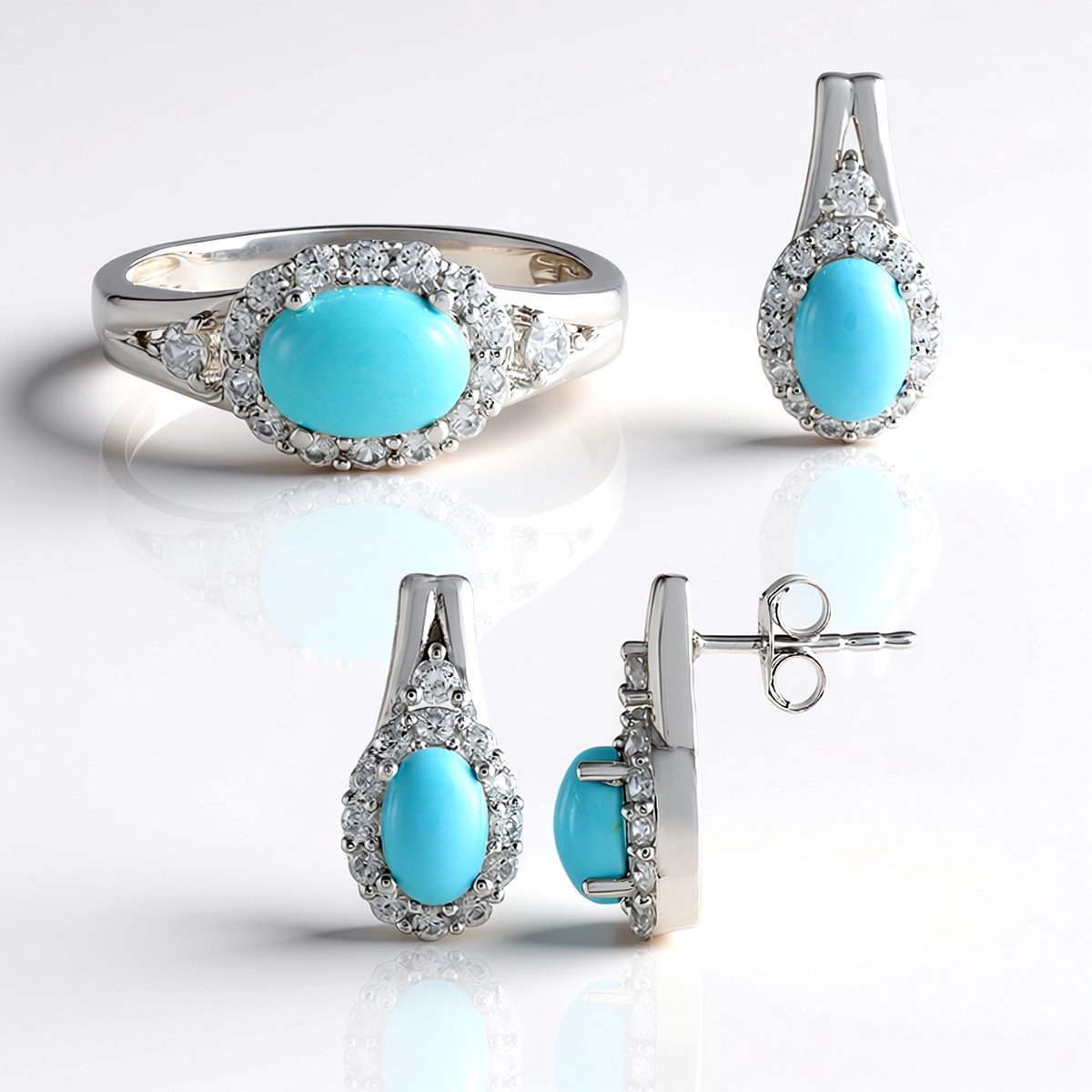 Cavill - Zilveren Ring - 925 Sterling Zilver Platina Geplateerd - 3 875 ct Sleeping Beauty Turkoois Ovaal Cabochon - Elegante Damesring met Zirkonen