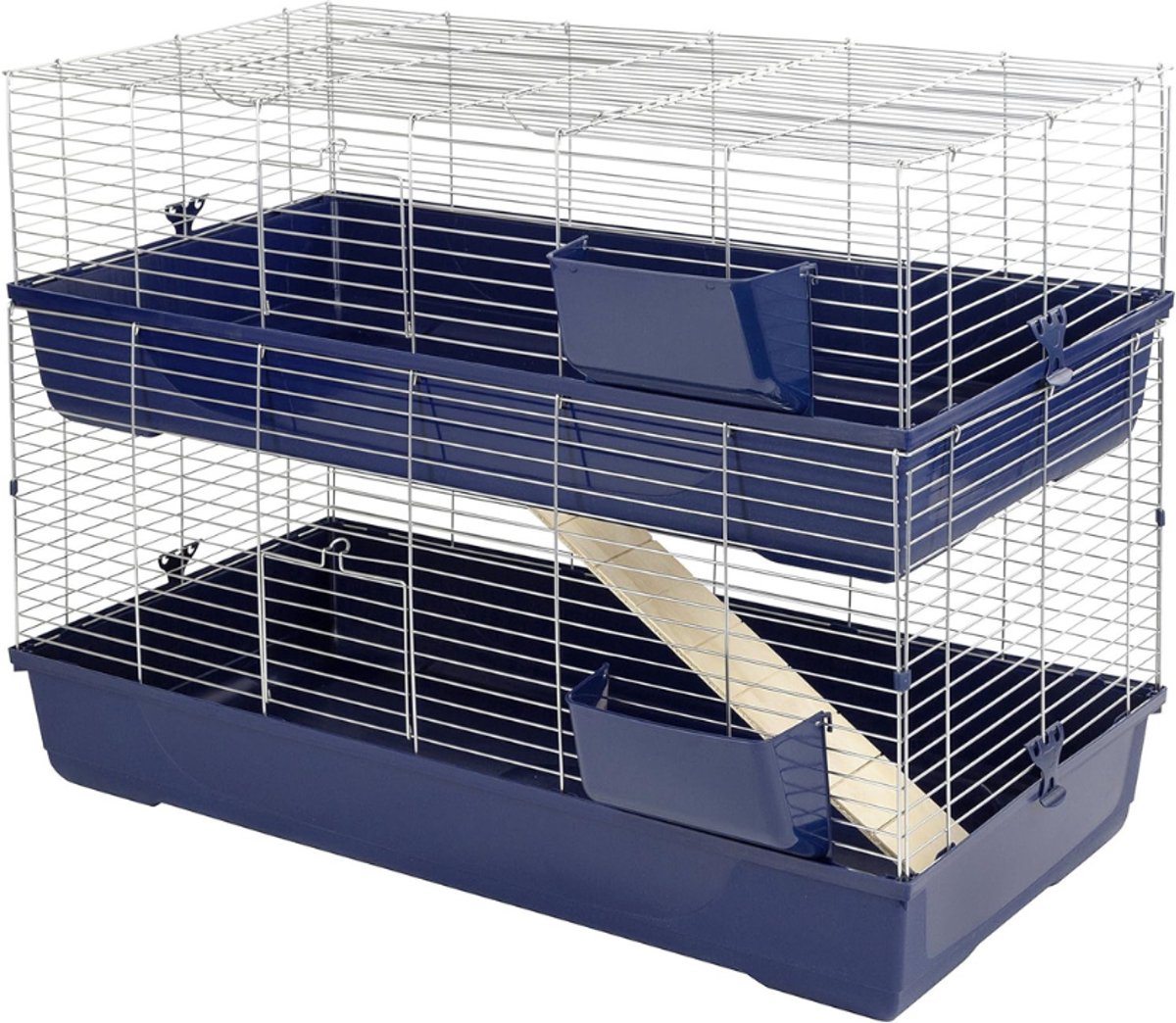 RUX® Konijnenhok Binnen - Konijnenhok Met 2 Etages - Konijnenren - Konijnenkooi – Dierenhuis – Konijnen Kooi – Dierenverblijf - Knaagdierkooi - Caviakooi - Blauw - 120cm x 58cm x 86 cm