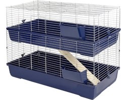 RUX® Konijnenhok Binnen - Konijnenhok Met 2 Etages - Konijnenren - Konijnenkooi – Dierenhuis – Konijnen Kooi – Dierenverblijf - Knaagdierkooi - Caviakooi - Blauw - 120cm x 58cm x 86 cm