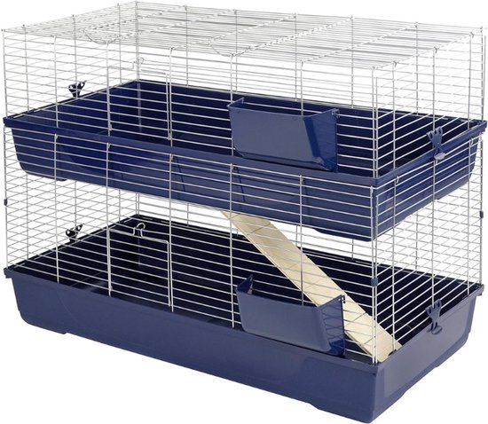 RUX® Konijnenhok Binnen - Konijnenhok Met 2 Etages - Konijnenren - Konijnenkooi – Dierenhuis – Konijnen Kooi – Dierenverblijf - Knaagdierkooi - Caviakooi - Blauw - 120cm x 58cm x 86 cm