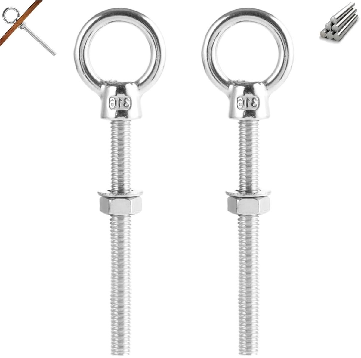 Set van 2 Ringen Schroeven van RVS, Oogschroeven, Lange Ring Schroeven M8 x 80mm voor Bevestiging en Ophangsystemen