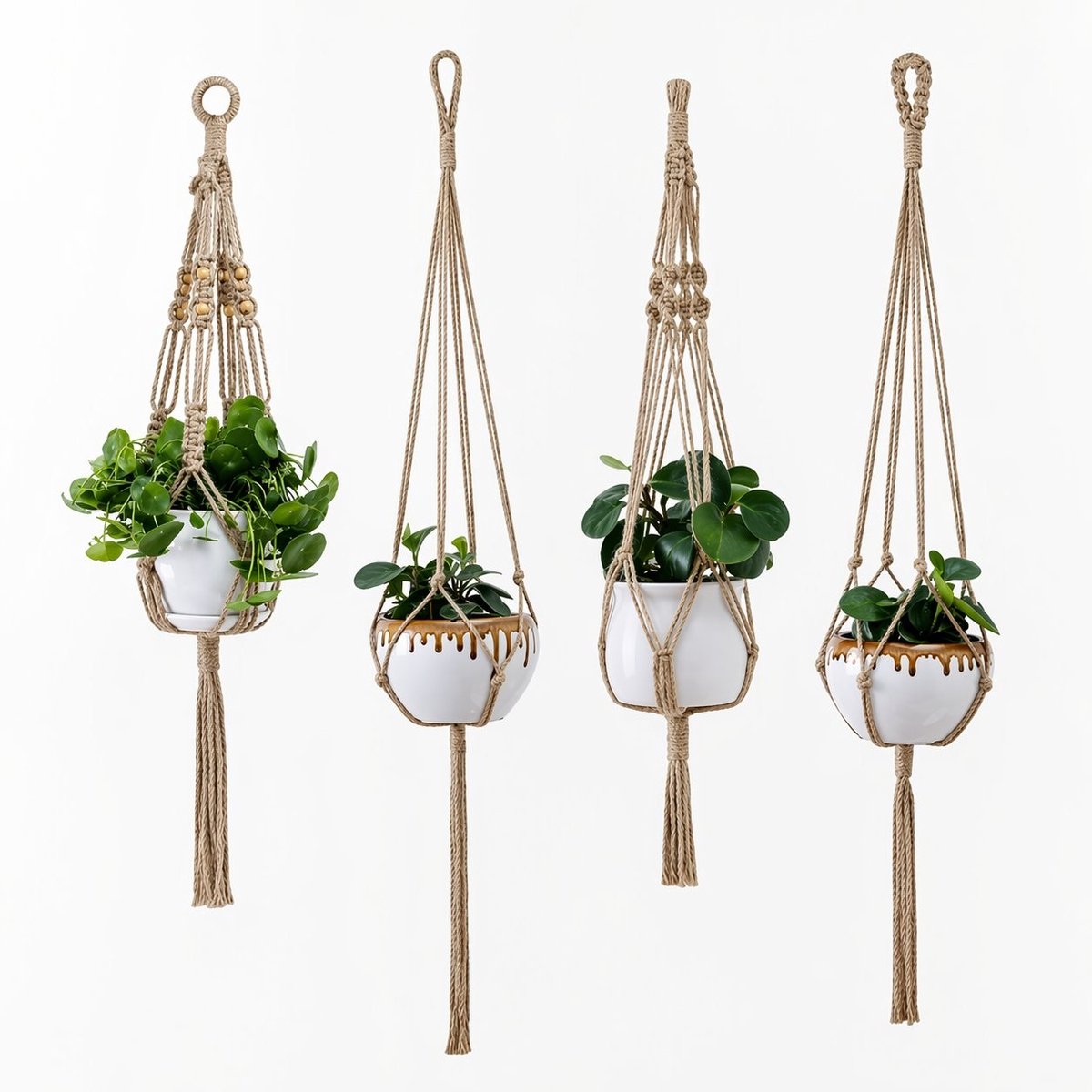 PolkaHome Macramé Plantenhangertjes Set 4-Pack – Boho Hangplantenhouder – Polyester – Verschillende Lengtes (72, 114, 56, 112 cm) voor Binnen en Buiten