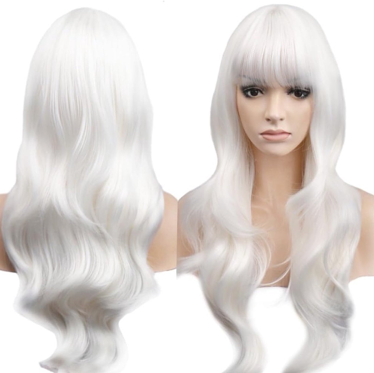 Langgolvend Wit Krullend Haar Cosplay Perkament met Pony voor Vrouwen, Hittebestendige Synthetische Wig voor Halloween, Anime en Kostuumfeest