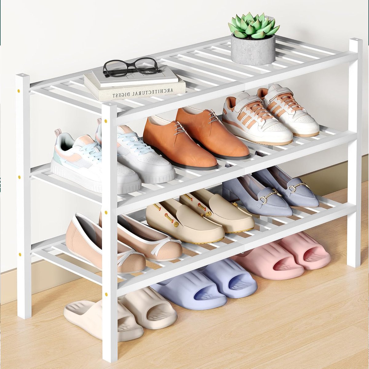 Homaxy - Schoenenrek (3 niveaus) - Bamboe Schoenenrek - Houten Schoenenkast -Schoenenrek hout - 68x28x46.5cm - Wit