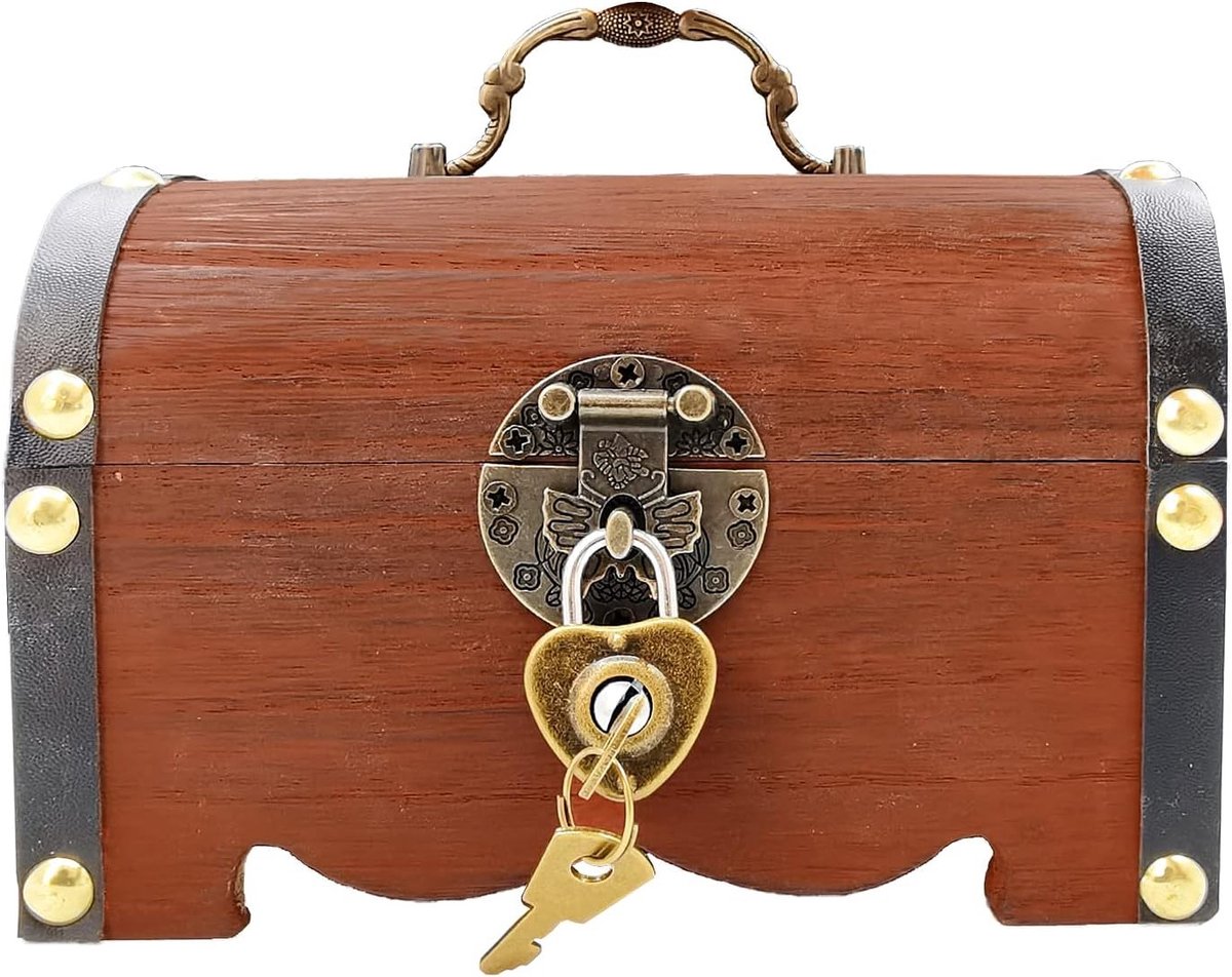 Vintage Houten Schatkist voor het Opslaan van Munten, Papieren Geld, Ringen en Sieraden met Hartslot