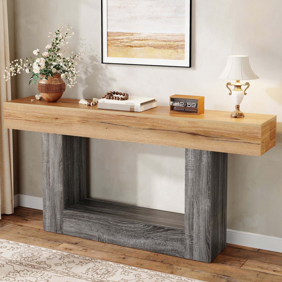 PHOEBE CAT Console - Bijzettafel - Houtlook - Haltafel - Dubbele opbergruimte - Spaanplaat - Naturel + Grijs
