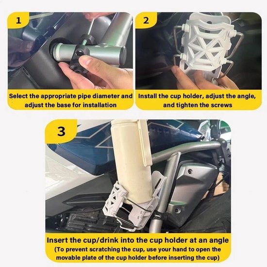 Bidonhouder - Fiets & Motor Flessenhouder - Verstelbare Stuurfleshouder - 360° Draaibaar & Opvouwbaar - Stevig Plastic - Voor Flessen 32-75 mm - Wit — afbeelding 2