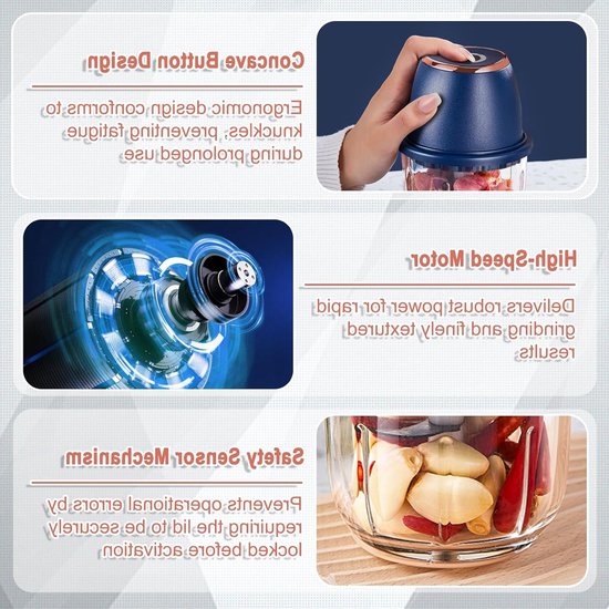Elektrische Hakmolen - 350ML - Hulpje in de keuken -USB oplaadbaar - Mini Portable Chopper - Blender - Keukenmachine - Krachtig - Draadloos - Babyvoeding blender - voor uien, fruit, noten, vlees en knoflook - Wit — afbeelding 4
