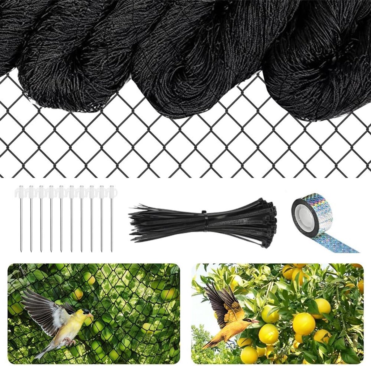 Beschermnet voor Vogels, 7.5 m x 15 m, Ideaal voor Tuin, Vijver en Fruitbomen, Zwart met 2.5 x 2.5 cm Gaas voor Kippen en Groenten