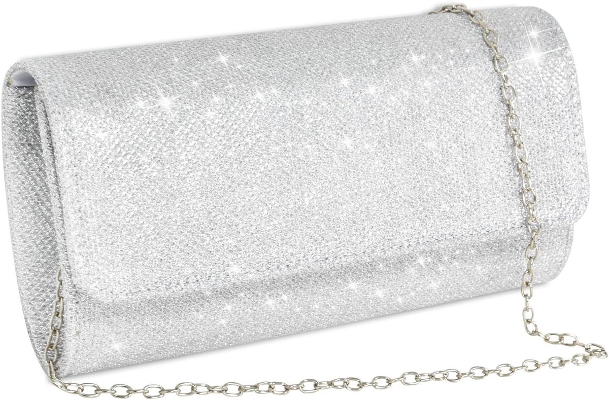 Elegante Avondtas met Pailletten en Schouderband, Ideaal voor Feestjes en Bruiloften, Glanzende Clutch in Zilver