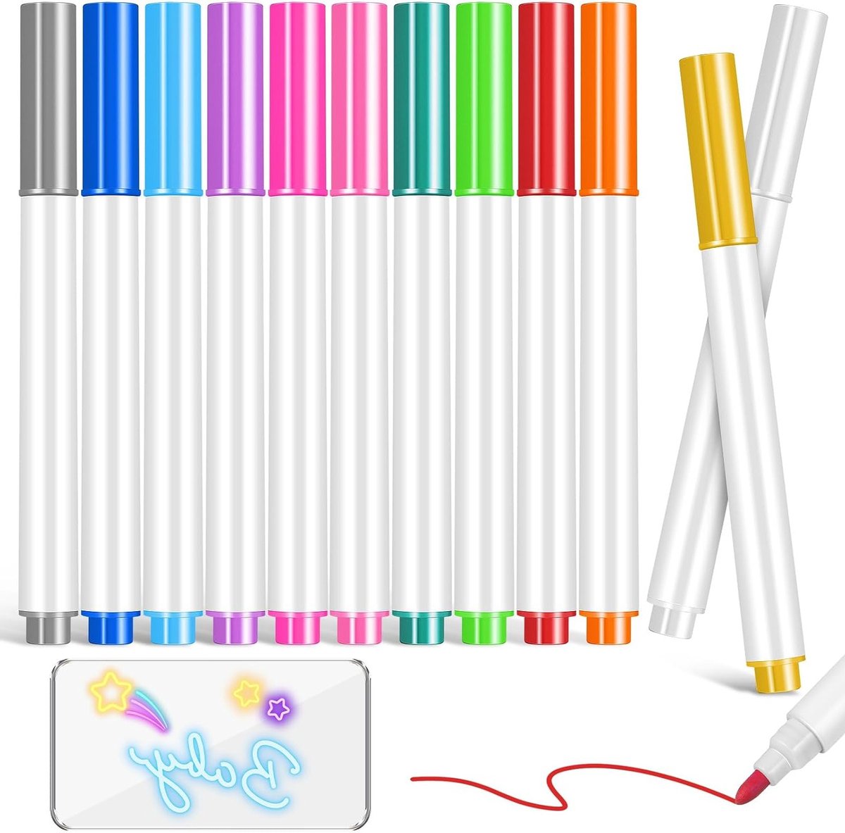 Set van 12 uitwisbare pennen voor LED lichtbord, wasbaar en ideaal voor tekenen en krabbelen voor kinderen en volwassenen, inclusief acrylplaat