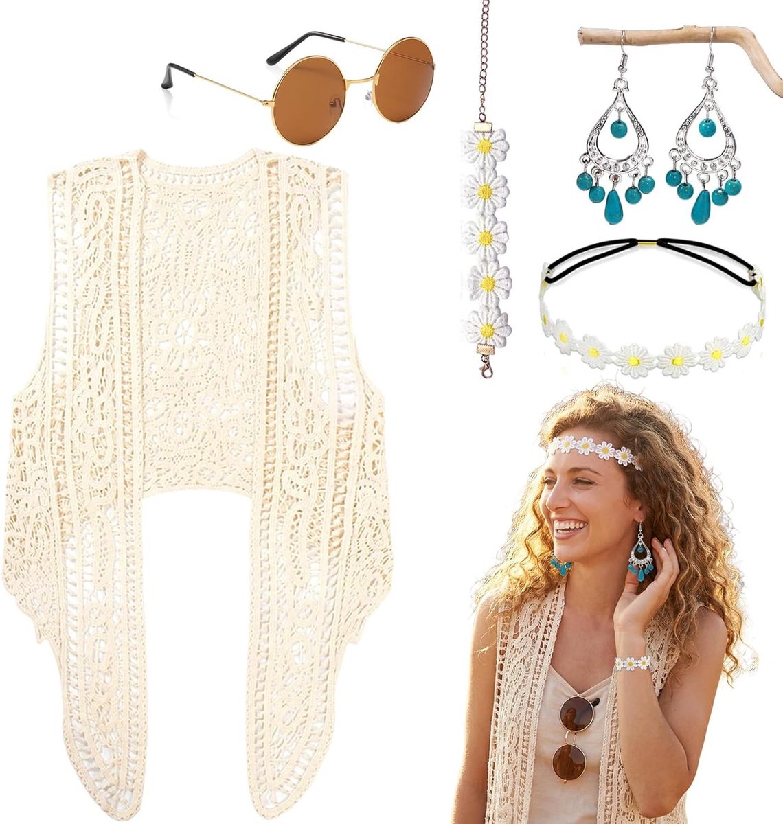 Hippie Kostuum Set voor Vrouwen - 6 Delige Boho Outfit met Vest, Zonnebril, Vredesteken Ketting, Oorbellen, Bloemen Haarband en Armband voor Feestjes en Thema-avonden, Geschikt voor Borstomvang: <85 cm