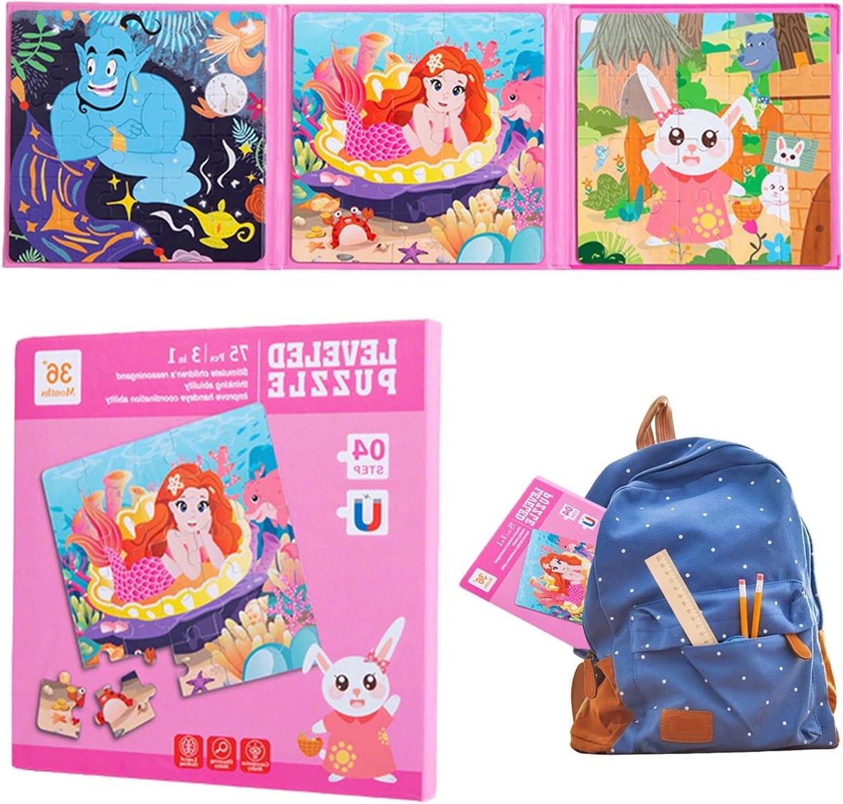 Vouwbaar Magnetisch Puzzelboek met 75 Stukken voor Kinderen - Activiteit voor Reizen, Auto en Vliegtuig met Konijn, Zeemeermin en Aladdin