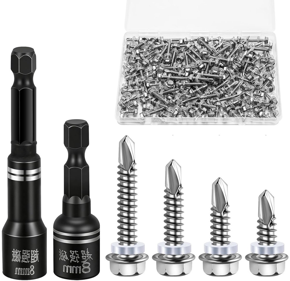 Complete Set van 152 Stuks Zelftappende Schroeven, M4.8 x 16/19/25/32 mm, Ideaal voor Trapeziumplaten en Metaalbewerking, Roestvrij Staal, Inclusief Diverse Lengtes en Typen