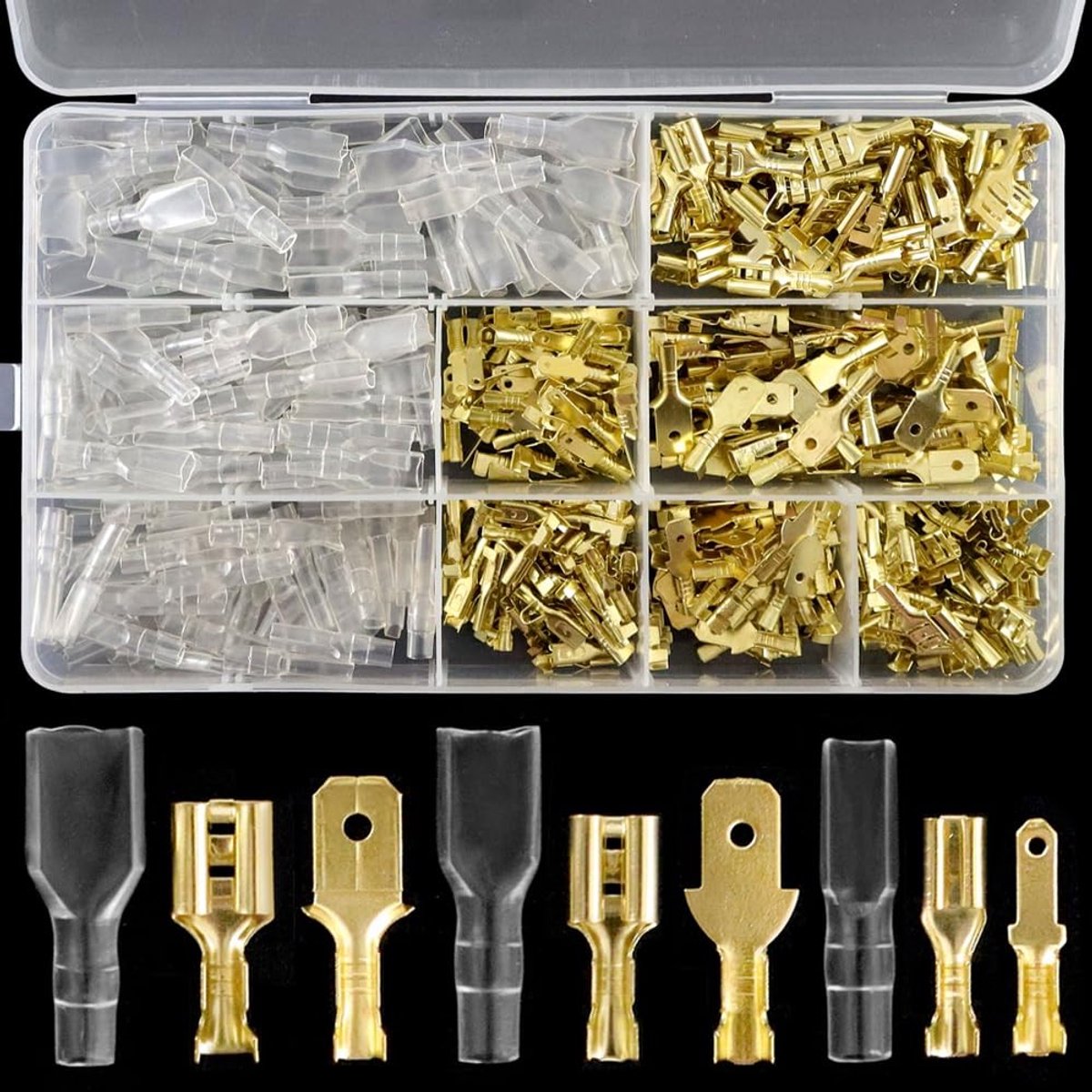 Complete Crimp Terminal Kit met 450 Stukken: Plat Stekker Set 2.8 mm, 4.8 mm, 6.3 mm voor Elektrische Verbindingen met Isolatiesleeves en Vergulde Aansluitingen