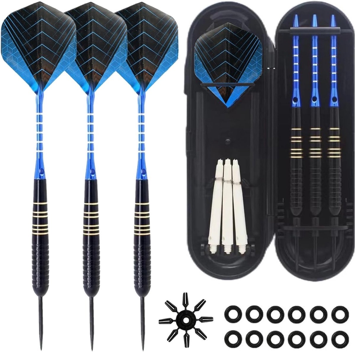 Set van 3 professionele blauwe darts 22g met aluminium schachten en dartcase voor recreatief en competitief gebruik