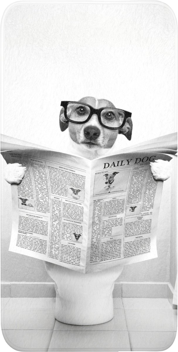 Badmat 60x120 cm - Antislip - Hond - Krant - Toilet - Zwart wit - Dieren - Badmatten voor badkamer - Badkamermat - Douchemat - Badkamer mat