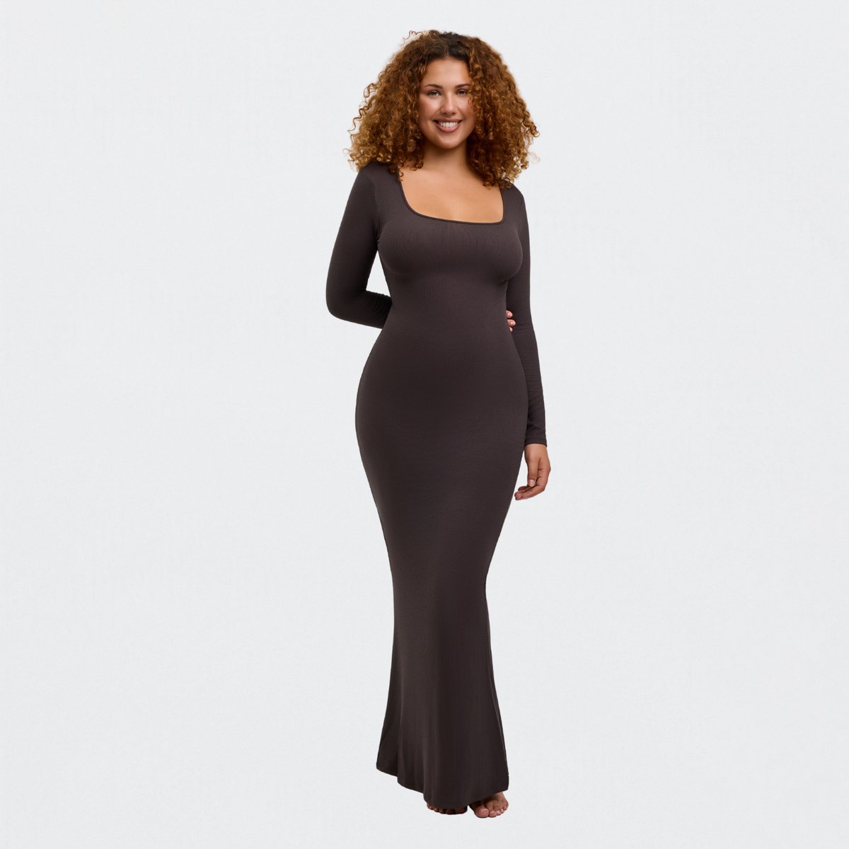 cfab - Maxi-jurk met lange mouwen en ribbels - Asbruin - Maat L
