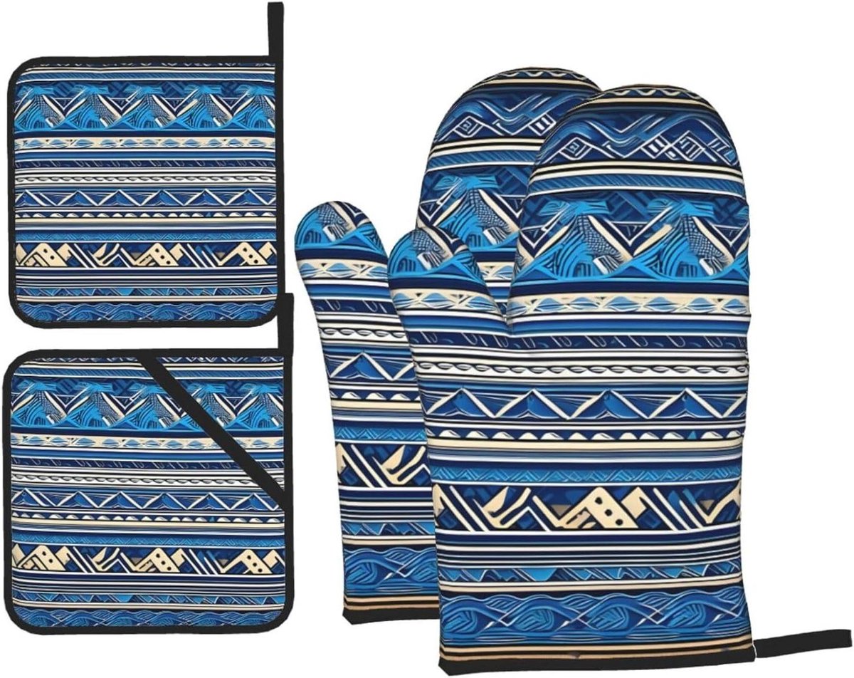 Ovenwanten en Onderzetters - Keukenhandschoenen Set - Veilig Koken - Waterdicht Polyester - 4-delige Set - Blauw Tribal Print
