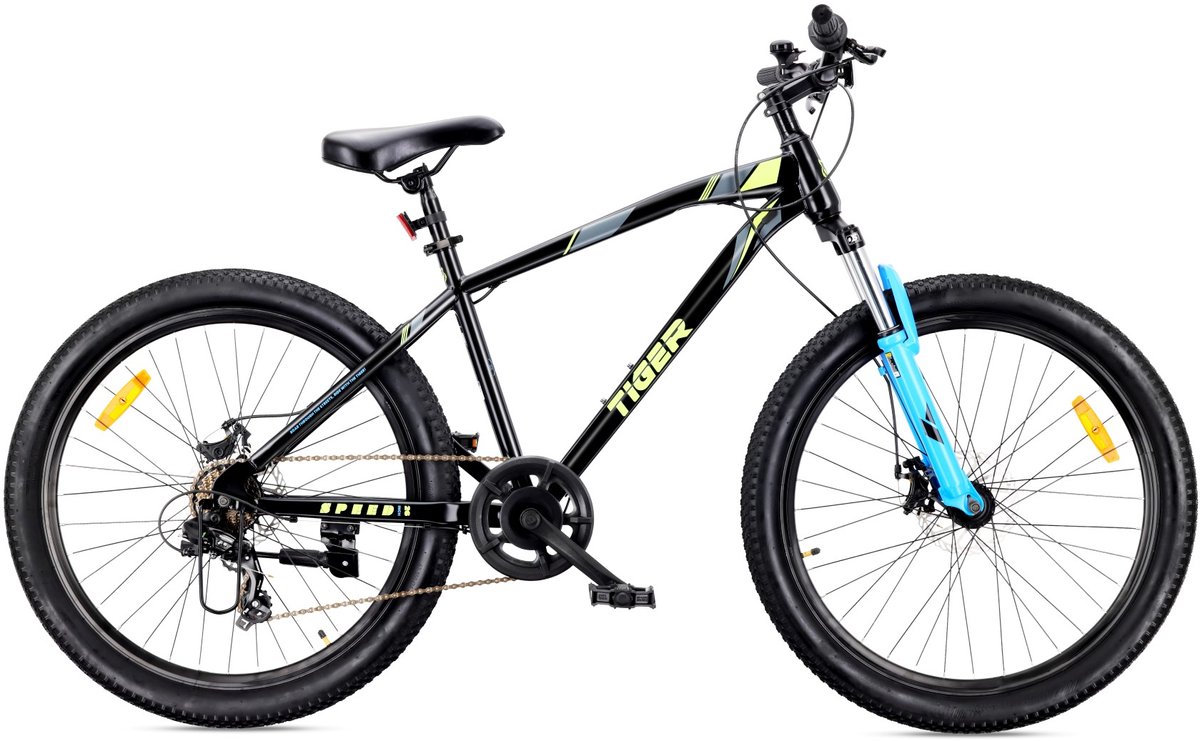 SUN BABY TIGER BIKE Mountainbike 26", MTB-fiets voor jongens en mannen, jeugd fiets 26 inch - stalen frame, 7 versnellingen, schijfremmen, vering - Zwart-Groen-Blauw