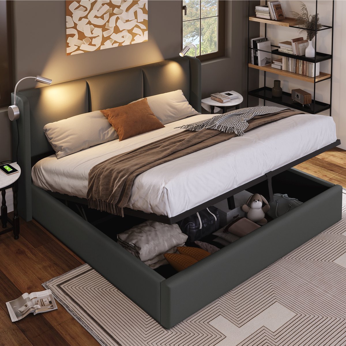 REDOM - Gestoffeerd Bed - Met Opbergruimte En Leeslamp - Met Oplaadfunctie - Modern - Kuns