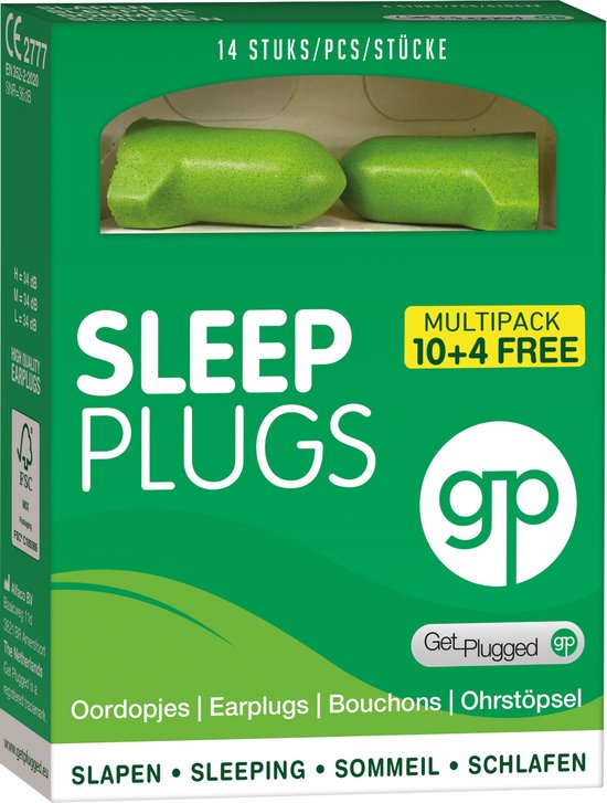 Groene verpakking met 14 stuks Sleep Plugs, multipack 10+4 gratis. Get Plugged. Oordopjes | Earplugs | Bouchons | Ohrstöpsel. Slapen.