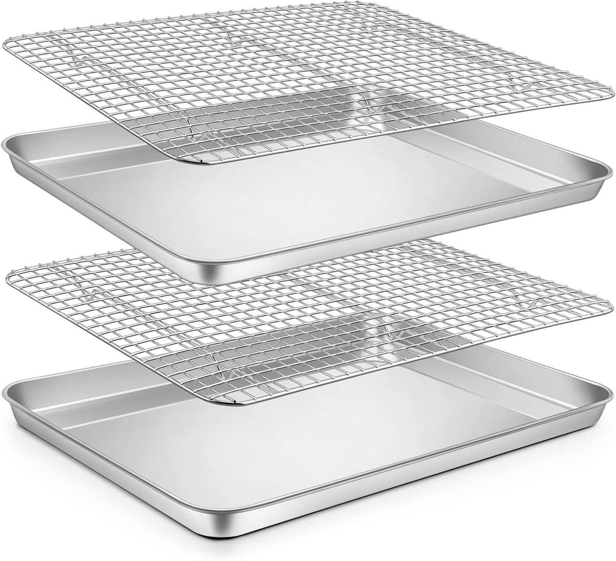 P&P CHEF RVS 17,5 inch koekjesbladen Pannen, bakplaten met koelrekken, voor roosteren/koken, oven- en vaatwasmachinebestendig, (2 pannen + 2 stellingen)