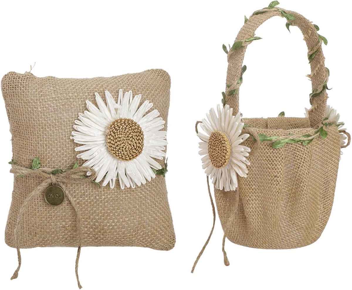 Bloemenmand Ringkussen - Bruiloft Set - Feestelijke Decoratie - Handgemaakt Jute Design - 23cm Hoog - Natuurlijk Jute