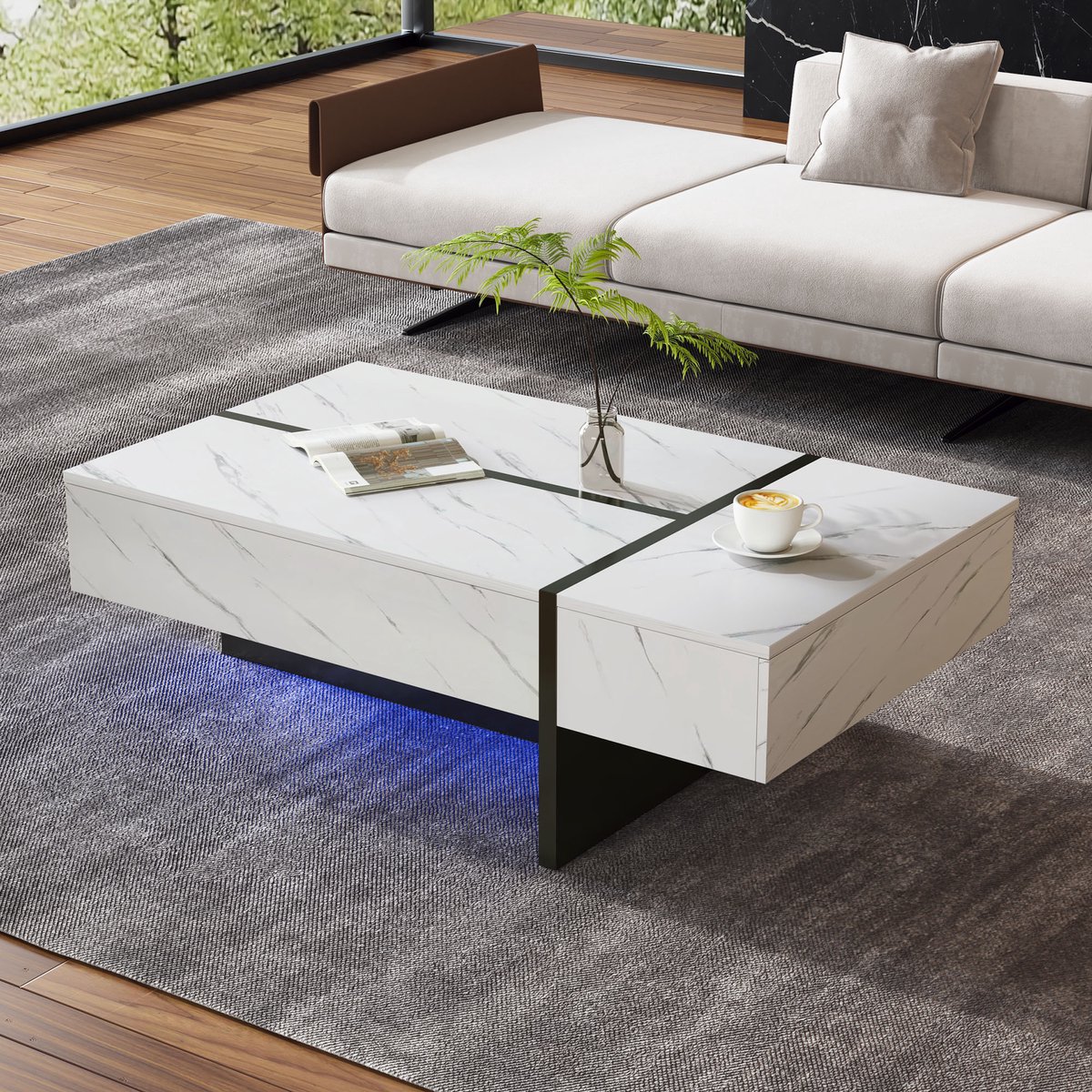 MODENUIT Salontafel - Met 3 Laden En Ledverlichting - Voor Woonkamer - Spaanplaat Hoogglans Wit - 105x60x35 Cm