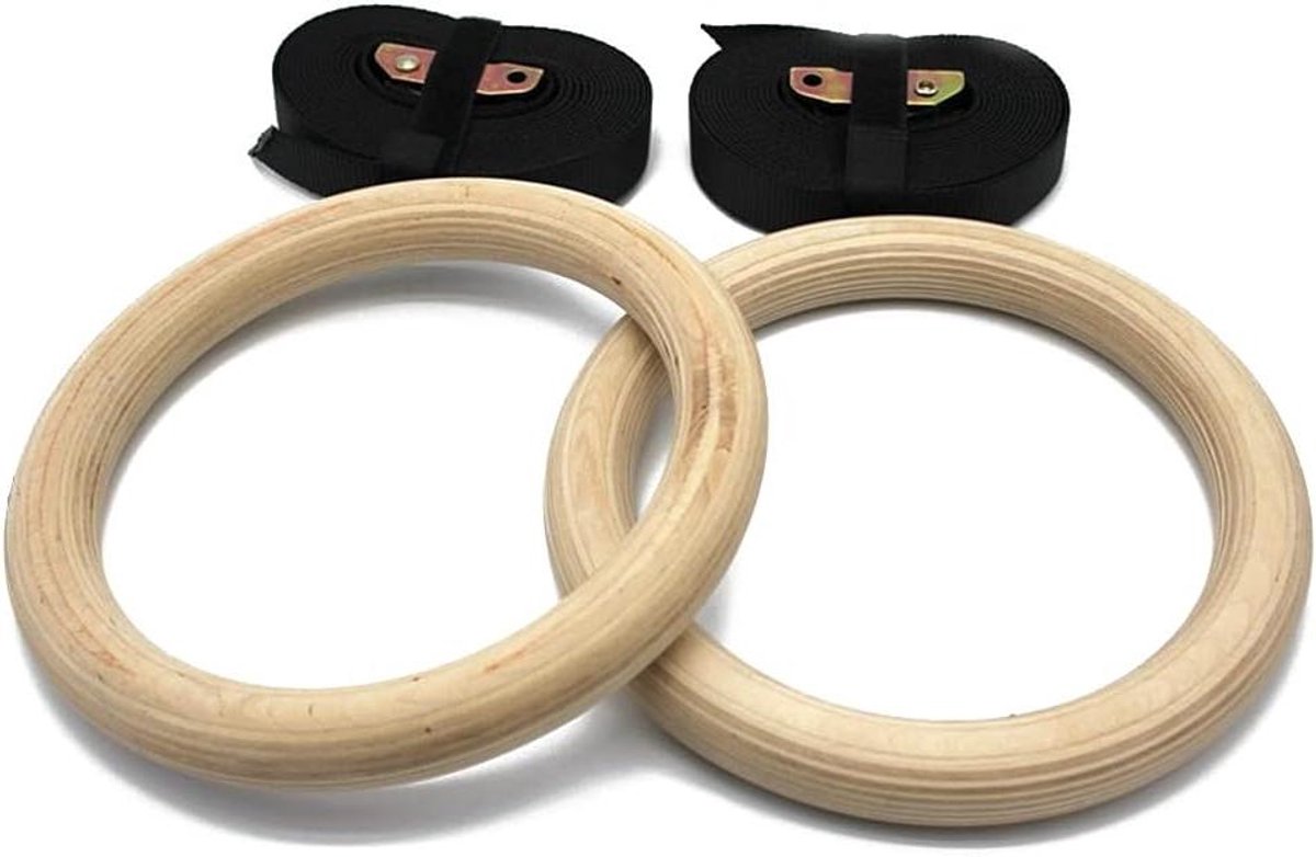 Gymnastiekringen Hout - Fitnessringen - Krachttraining Thuis - Verstelbare Riemen - 28 mm - Houtkleur