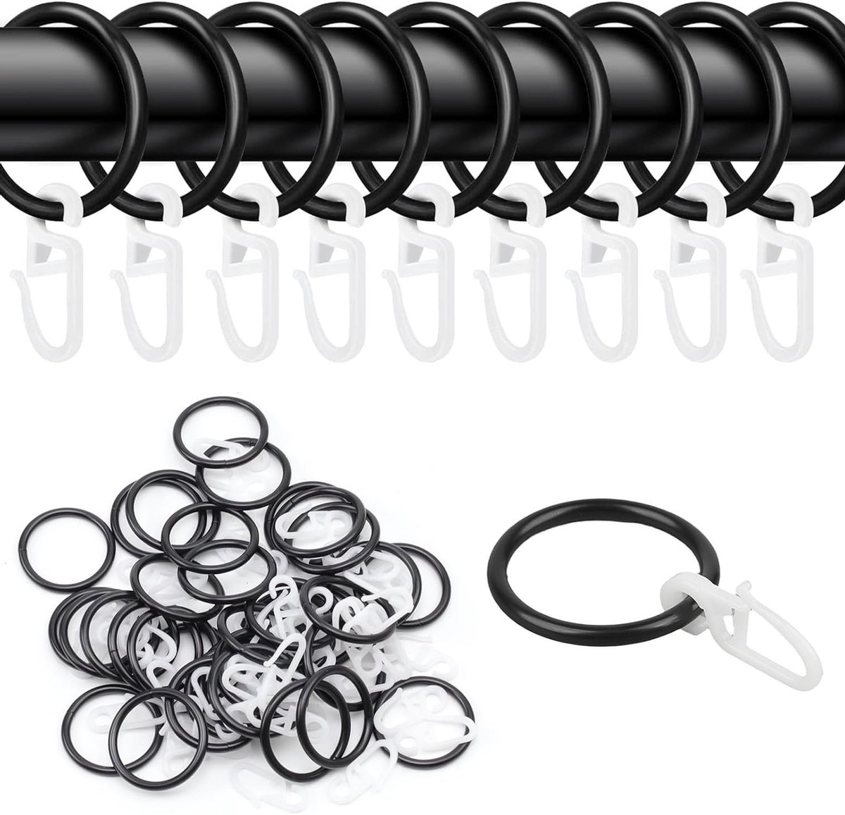 Gordijnringen met haken - 50 stuks - binnendiameter 30 mm - zwarte metalen gordijnringen met kunststof haken - voor het ophangen van gordijnen en raambekleding