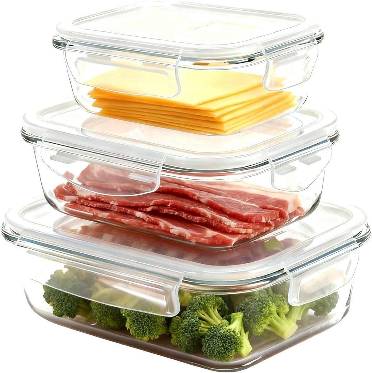 Set van 3 Borosilicaat Glazen Voedseldozen met Deksel voor Kaas, Vlees en Worsten - Luchtdicht en Geurvrij voor Optimaal Bewaren in de Koelkast