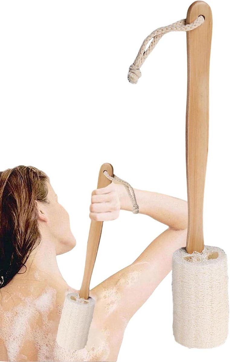 Loofah Rugborstel - Douche Exfoliator - Huid Reinigen - Lang Houten Handvat - 37 cm - Natuurlijk
