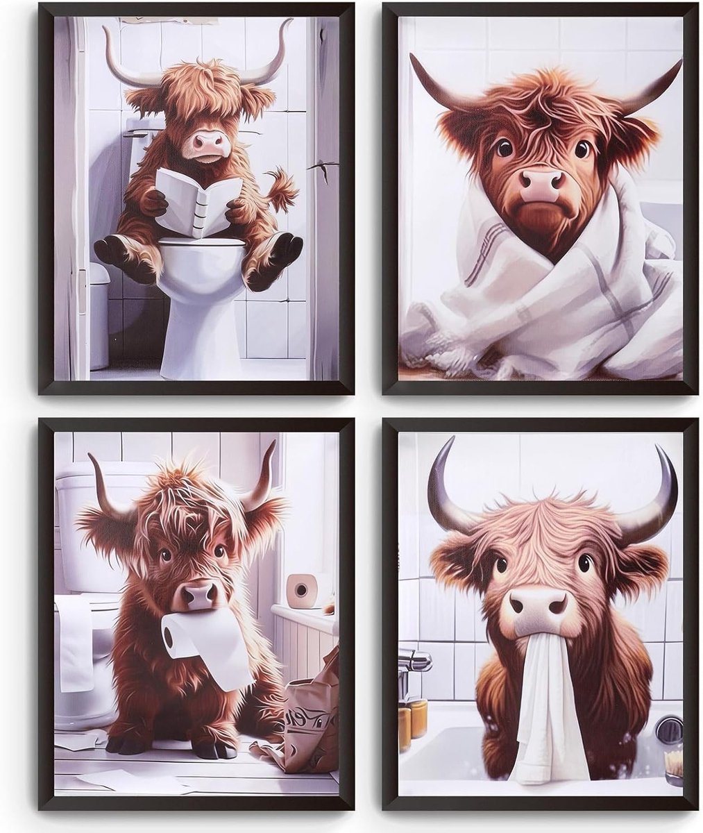 Set van 4 Highland Cow Wanddecoraties, 25 x 20 cm, Grappige Badkamerafbeeldingen, Schotse Hooglander Decoratie voor Badkamer en Hal, Unieke Wandkunst
