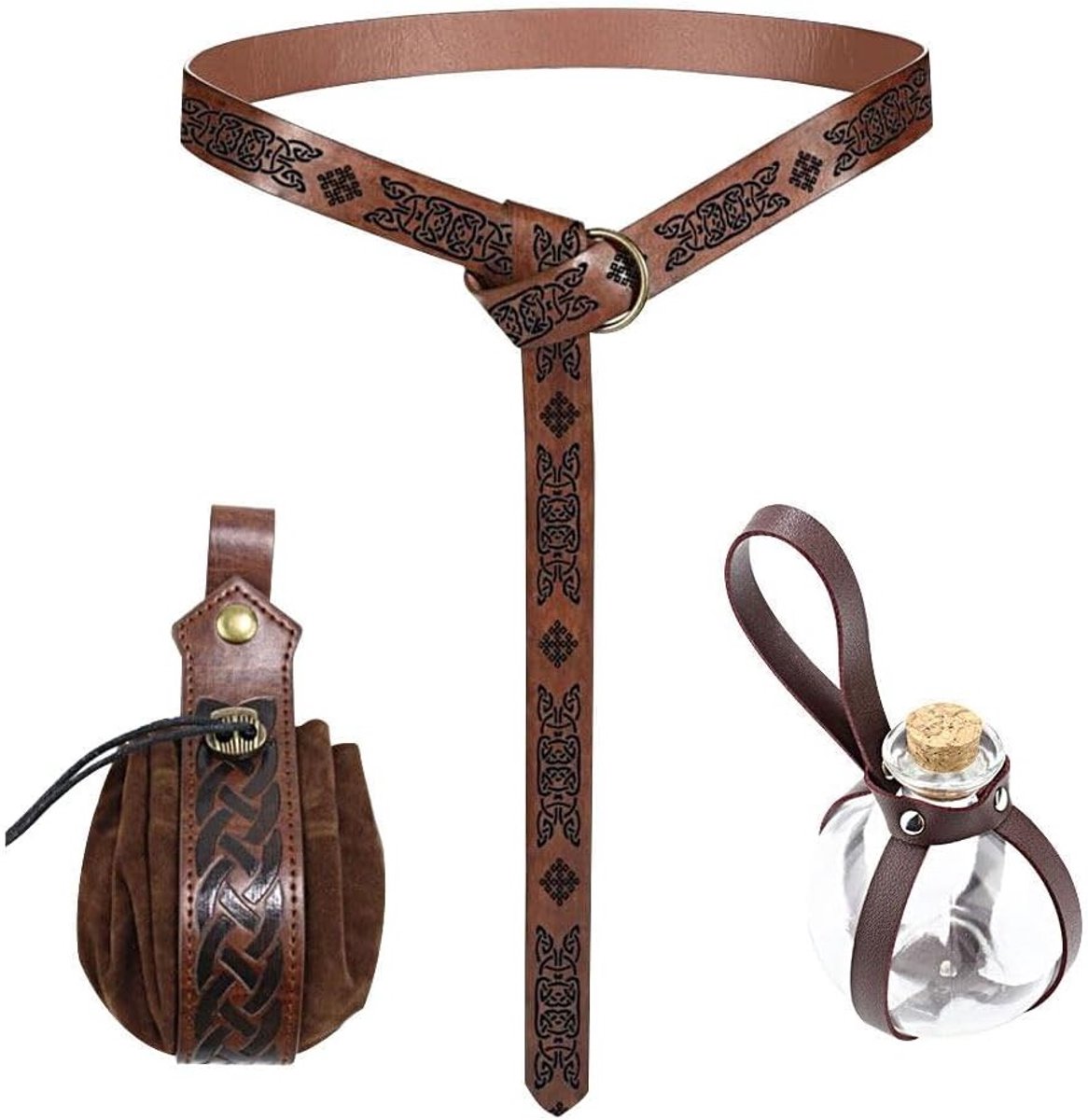 Middeleeuwse Faux Leren Riem met Gegraveerd Ontwerp - Necromanten Kostuum met Tas en Fles voor Toverdrank, Viking Accessoire Set voor Dames en Heren