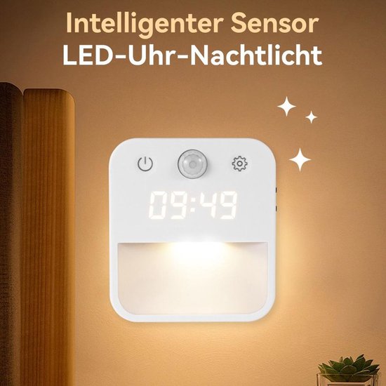 LED-nachtlampje met klok, bewegingssensor, wit/warm licht, dimbaar, stekker en lichtsensor; geschikt voor trappen en slaapkamers. — afbeelding 2