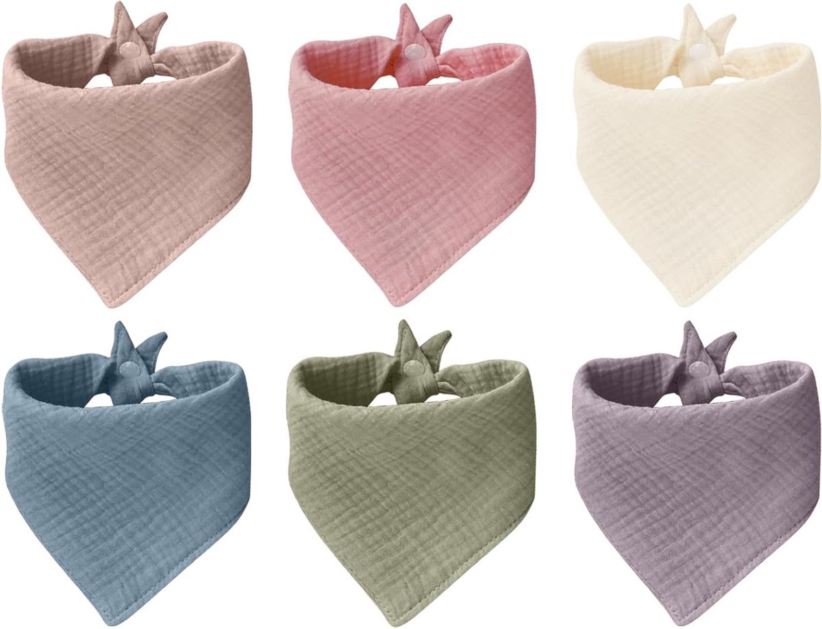 Set van 6 Absorberende Baby Bandana Slabbetjes van Katoen, Verstelbare Dribbelslabbetjes met Snapknopen voor Comfort en Stijl