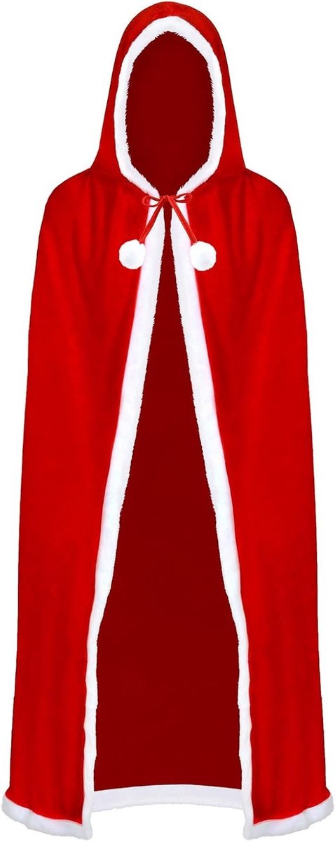 Rode kerstman cape met capuchon voor kinderen, tieners en volwassenen, 150 cm, ideaal voor feestelijke kostuums en kerstoutfits