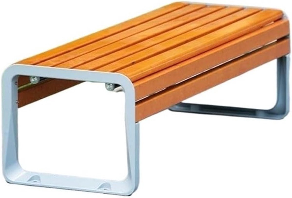 Grote roestvrijstalen tuinbank met houten zitting voor buitengebruik, duurzame veranda meubels en comfortabele rustplek voor patio en tuin