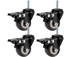 Set van 4 meubelwielen met M8 x 25 mm schroefdraad en rem - 360° draaibaar - Antislip - Zwart - Zware wielen - Voor binnen en buiten gebruik