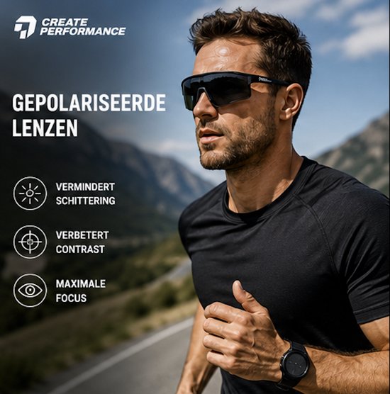 CREATE PERFORMANCE Sportbril - Gepolariseerde Sport Zonnebril UV400 - Fietsbril voor Wielrennen - Hardlopen - Outdoor - TR90 Lichtgewicht - Zwart Lens van create — afbeelding 2