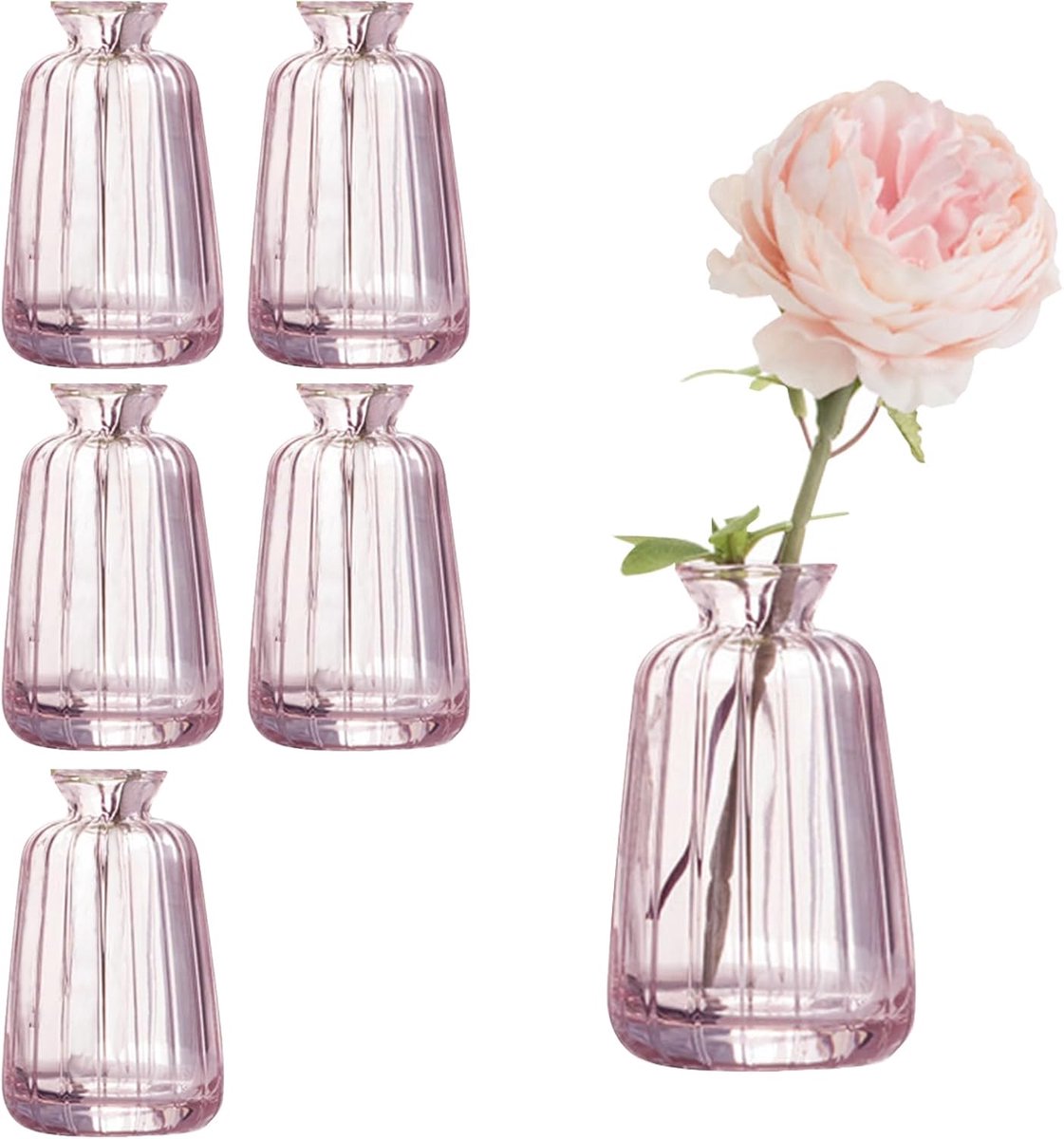JeiibrZui Mini Glasvasen Set - 11x6,5cm - 6 Stuks Decoratieve Vaasjes - Roze - Tafeldecoratie voor Bruiloft en Huis