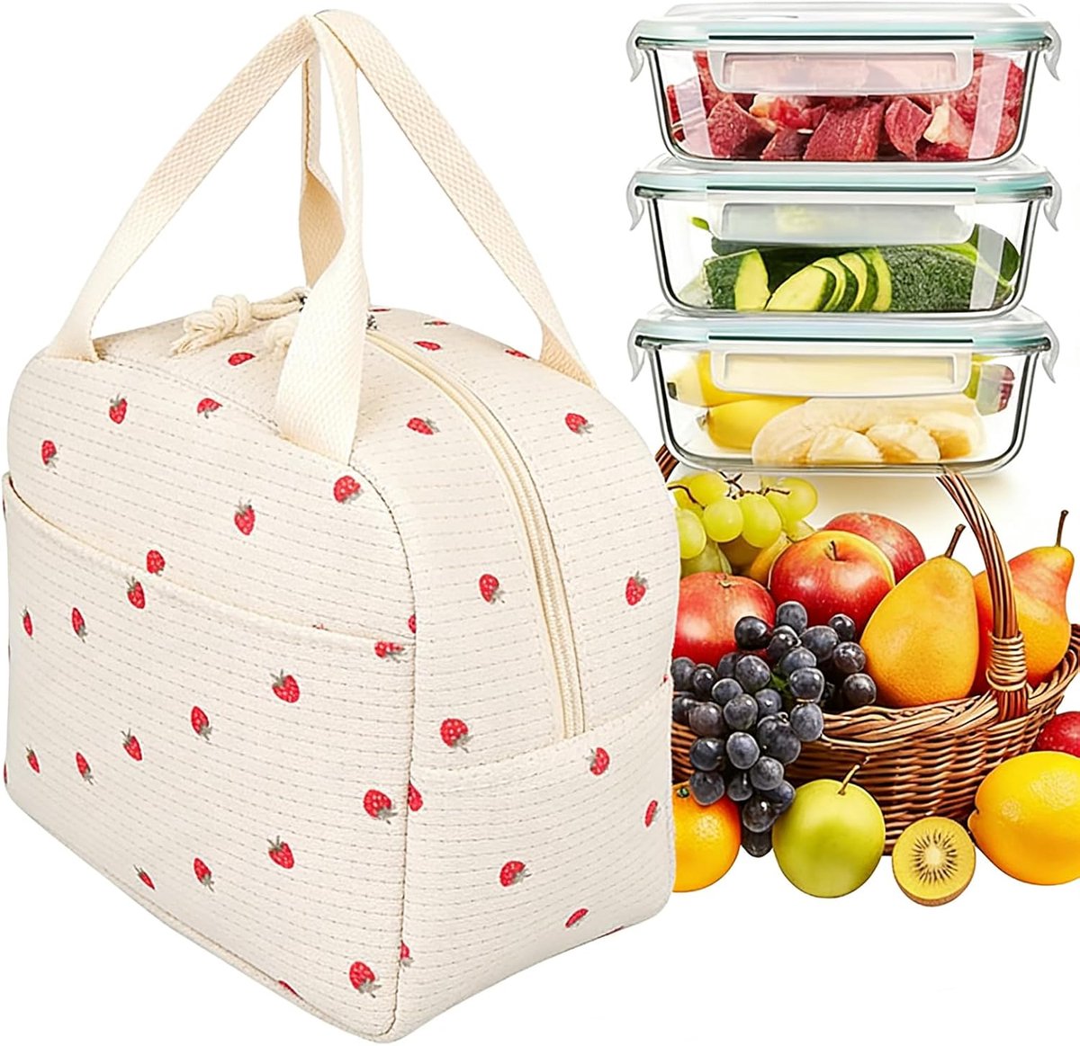 JeiibrZui Lunchtas - 9 Liter - Aardbei Beige - Geïsoleerde Lunchbox Voor Vrouwen - Met Apart Vak Voor Werk School En Picknick