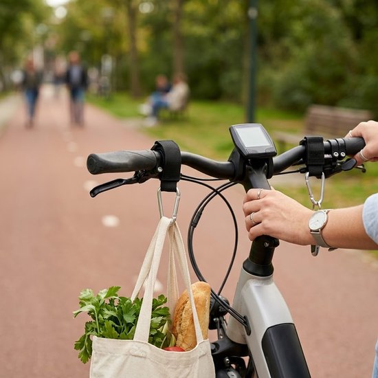 Zwart multifunctionele haken voor bolderkarren en fietsen set van 2 bevestigingshaken met karabijnhaak geschikt voor handkarren elektrische fietsen motoren kinderwagens en fietssturen draagbare ophanghaken — afbeelding 4