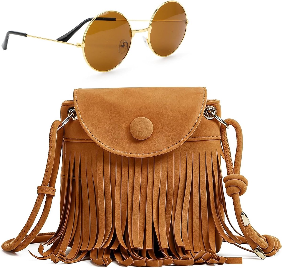 Hippie Kostuum Handtas in Bruin met Fringes en Vintage Zonnebril voor Carnaval, Festival en Feestjes