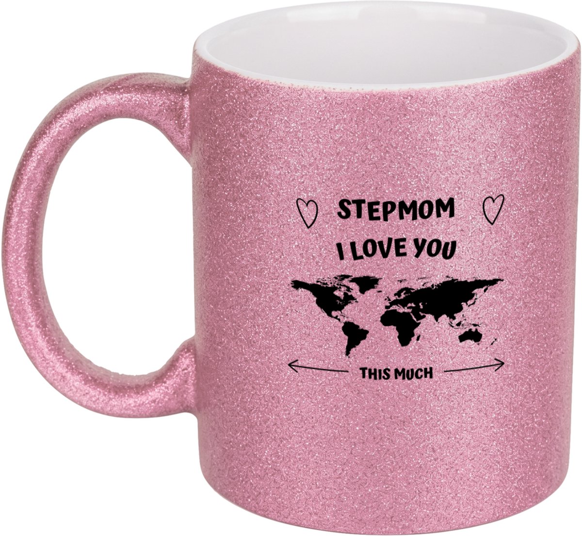 Hacebo® - stepmom I love you this much koffiebeker glitter roze - Moeder - geweldige schoonmoeder - thee mok - koffie beker - liefste moeder - verjaardag - cadeau - kado - bedankje - geschenk - koffiemok - 350 ML inhoud