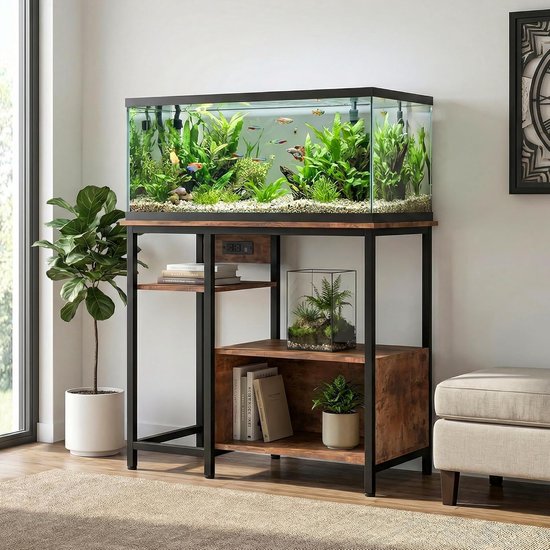 Robuust Aquarium Meubel met Stopcontacten (Exclusief Aquarium) - 150-190 Liter - 4 Open Planken - 300 kg Draagkracht - Hout & Metaal - 93x48x78 cm - bruin