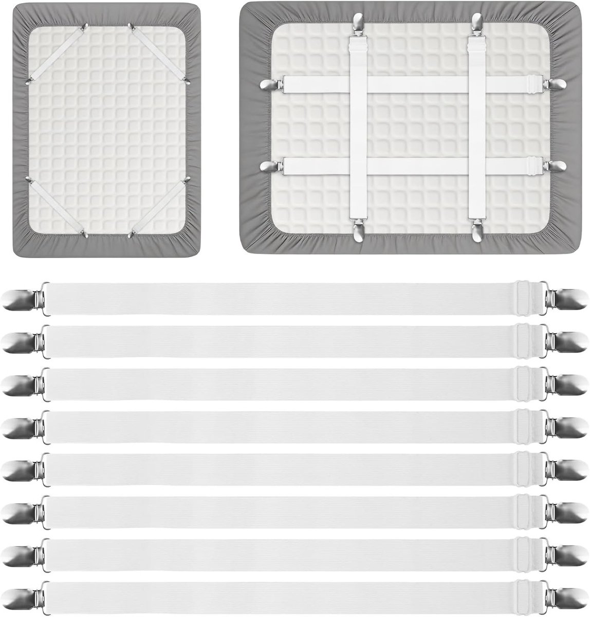 Verstelbare Spanner voor Bedlakens met Metalen Clips - 8 Stuks, Geschikt voor Fitted Sheets, Matrassen en Dekbedden