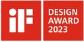 Logo iF DESIGN AWARD 2023 sur fond rouge.