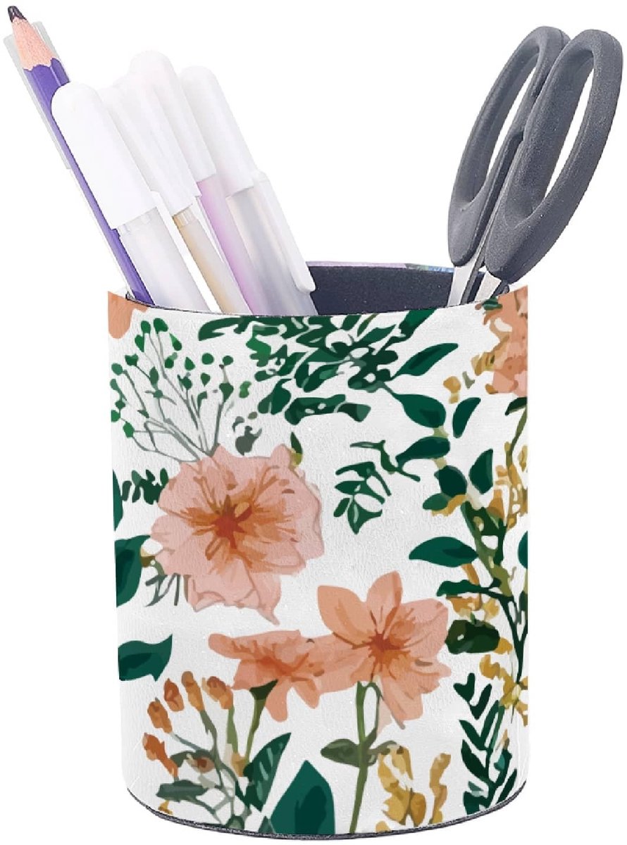 Dailygoods - Dailygoody - Pen Houder - Bloem Patroon - Decoratief - Imitatieleer - Bureau Organizer - Geschikt voor Kantoor en Thuis - Ronde Desktop Doos